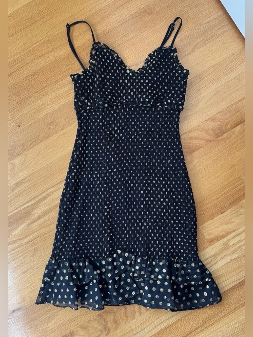 LIKEY Women’s Black Gold Mini Ruffle Party Dress Size 0